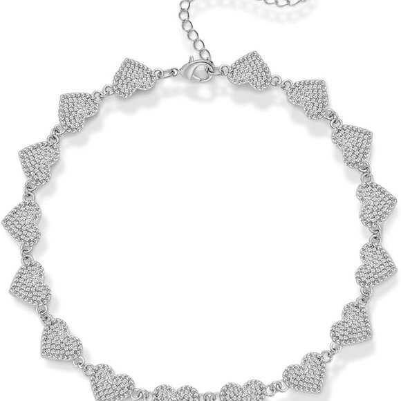 Silver Plated Heart Choker Necklaces For Women Rhinestone Heart Charm Necklaces - Picture 1 of 6